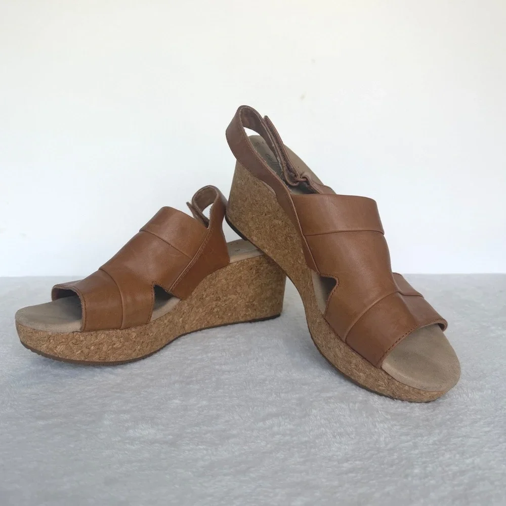 Clarks Collection Tan Cork Wedge Slingback Sandals, Ultimate Comfort sz 10 boho
